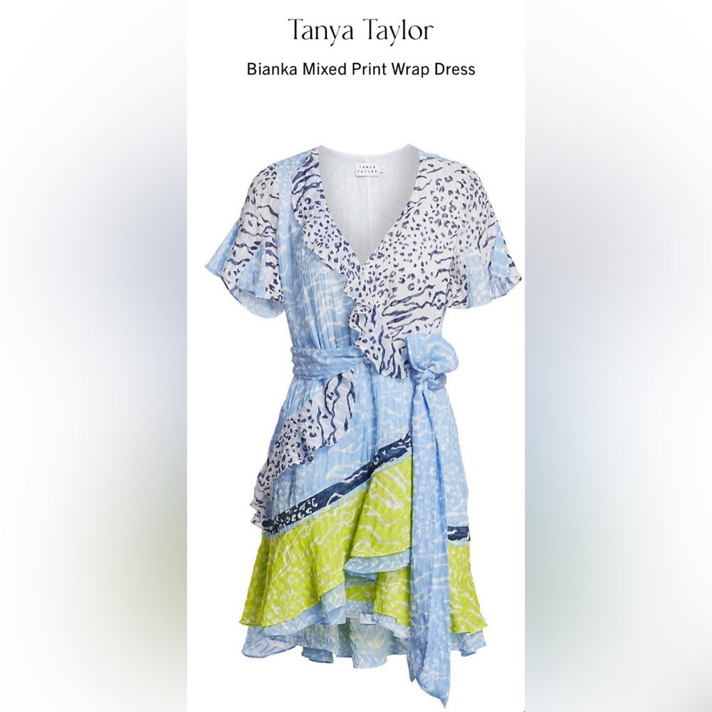 🍡🍭TANYA TAYLOR  Bianka ruffle wrap dress mixed print blue yellow size 2